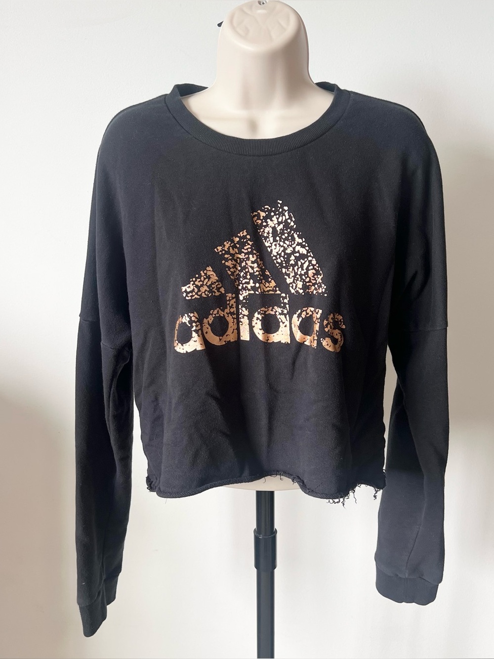 adidas Cropped Black Crewneck Sweatshirt with Distressed Rose Gold Logo Size M